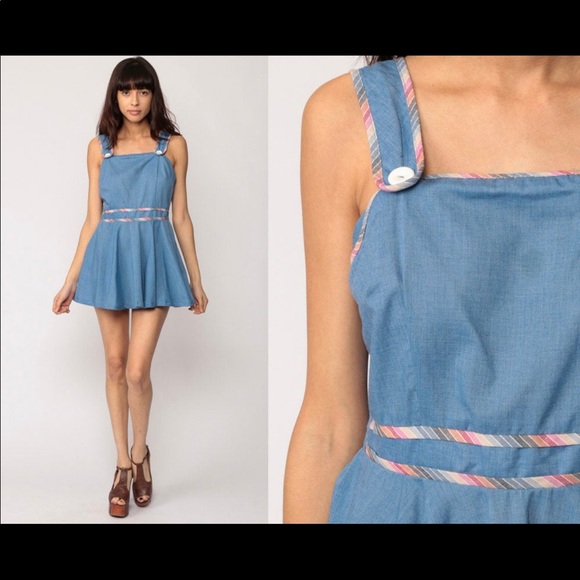Vintage Dresses & Skirts - Jumper Dress 70s Mod Mini CHAMBRAY Pinafore Boho 1970s Vintage Medium Large